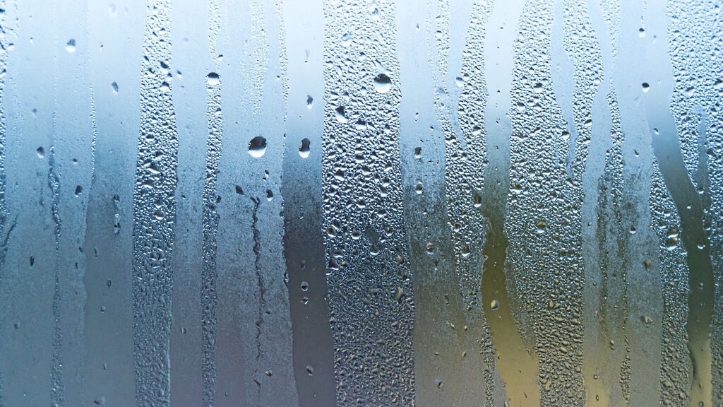 An example of condensation on a window. There are many small droplets of water sitting on the glass, reducing the visibility through the window.