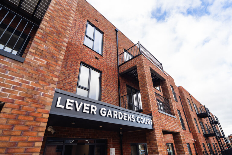 The main entrance of our Lever Gardens Court extra care scheme in Little Lever, Bolton.
