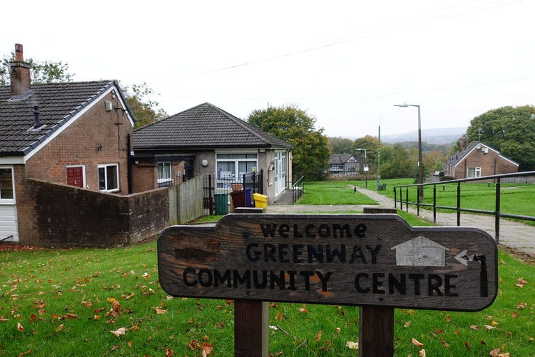 The entrance pathway to Greenway Community Centre in Hall I' Th' Wood, Bolton.