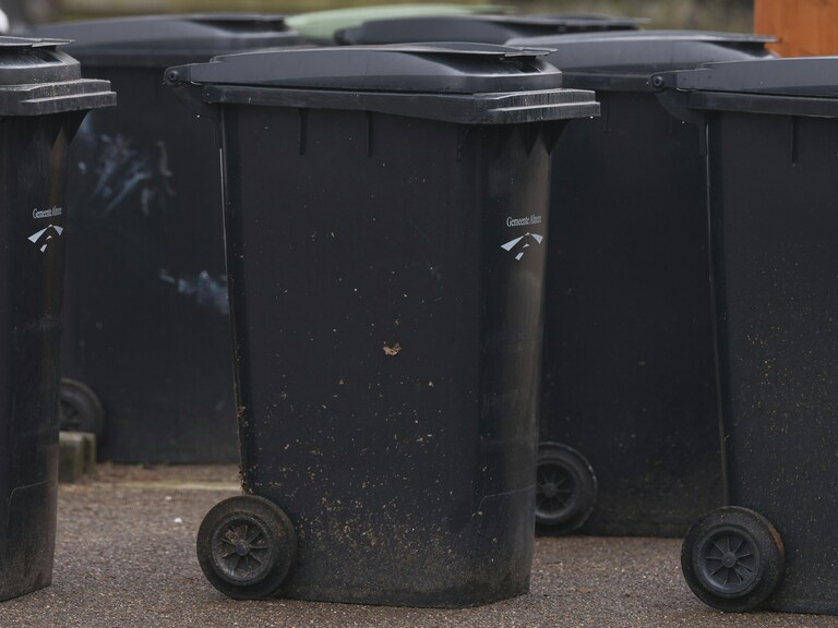 A set of black dustbins in a line.